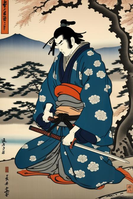00654-2200030945-_lora_Ukiyo-e Art_1_Ukiyo-e Art - a noble samurai contemplating his sword in a serene setting. Ukiyo-e.png